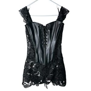 Dream girl black faux leather lace up front corset with black lace